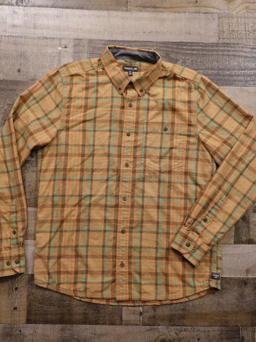Toad&Co Plaid Flannel Shirt Men’s Medium Brown Green Orange Outdoor Casual